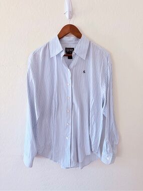 Escada Sport Blue Striped Button Front Shirt Women’s XL 100% Cotton Logo